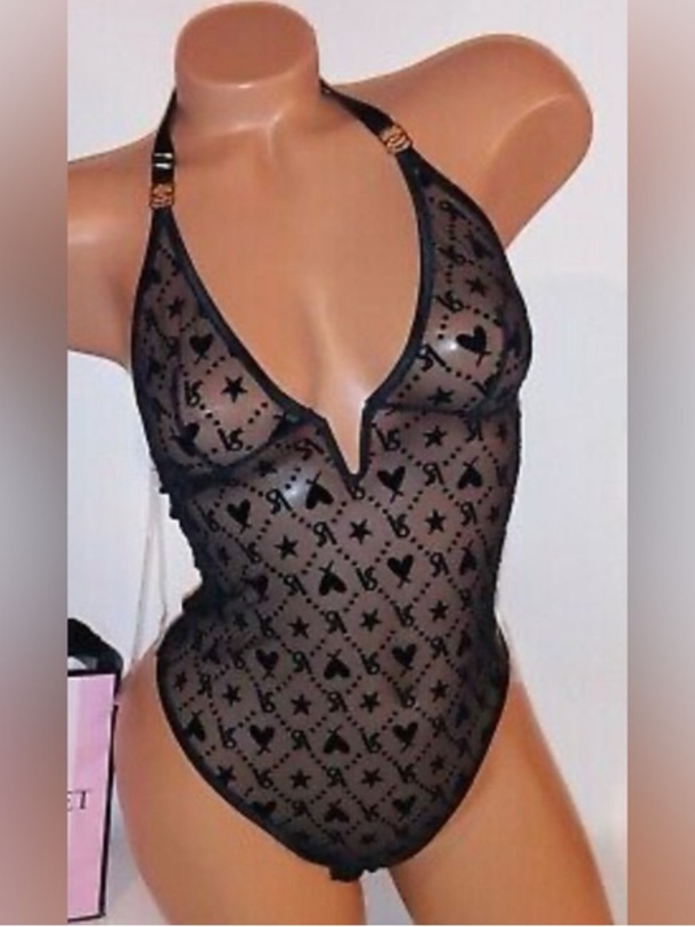 NWT Victoria's Secret Black Sheer Heart & Star Mesh Halter Bodysuit